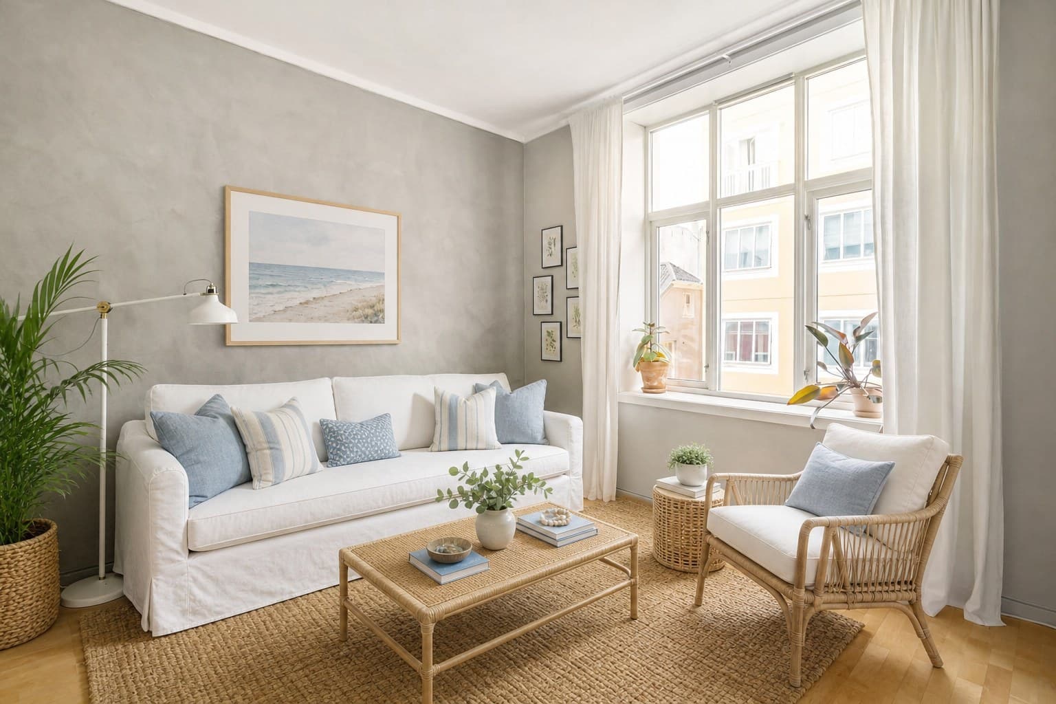 A virtually staged coastal living room, clearly labeled